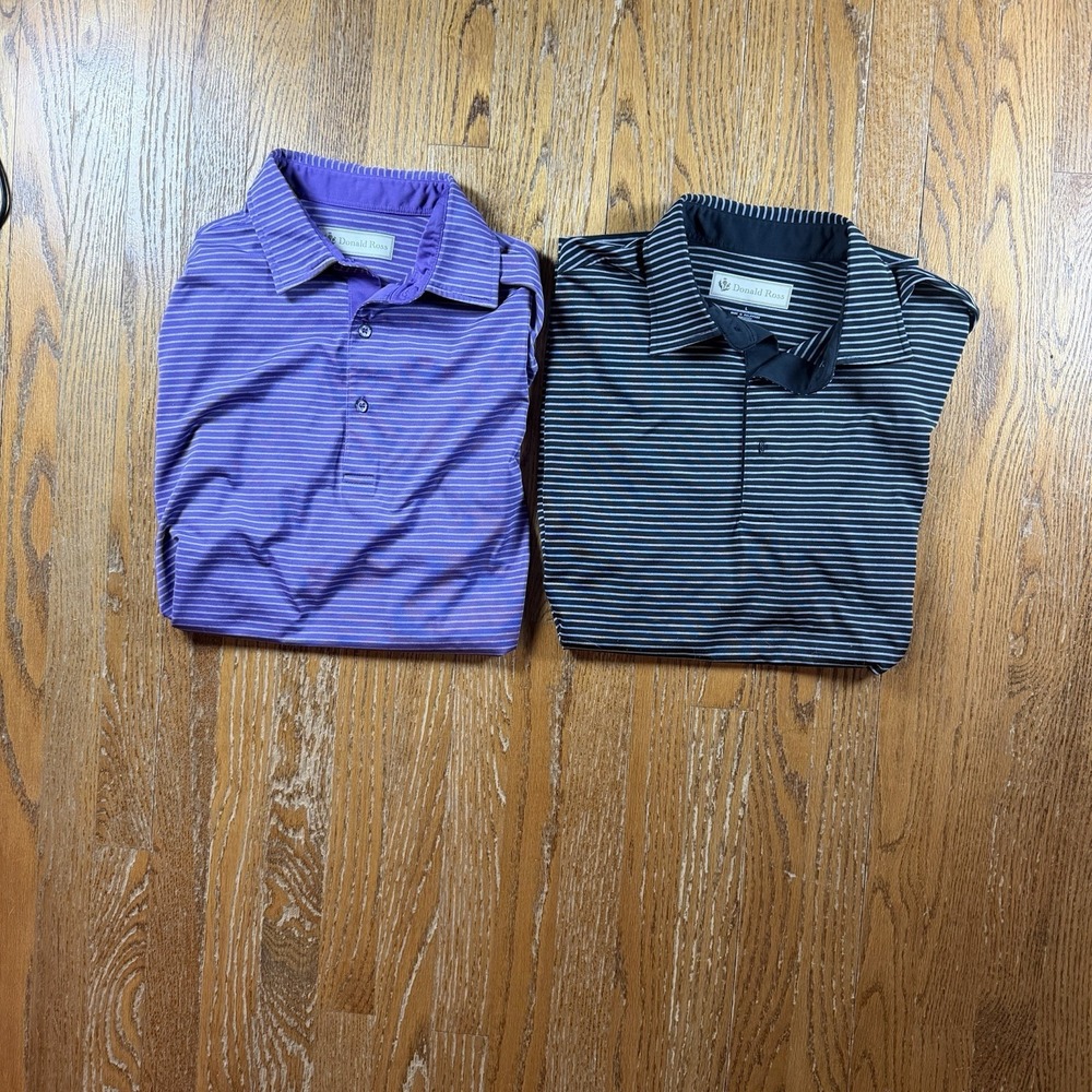 Lot of 2 Donald Ross Men's Large Golf Polos Striped Performance Shirts Stretch